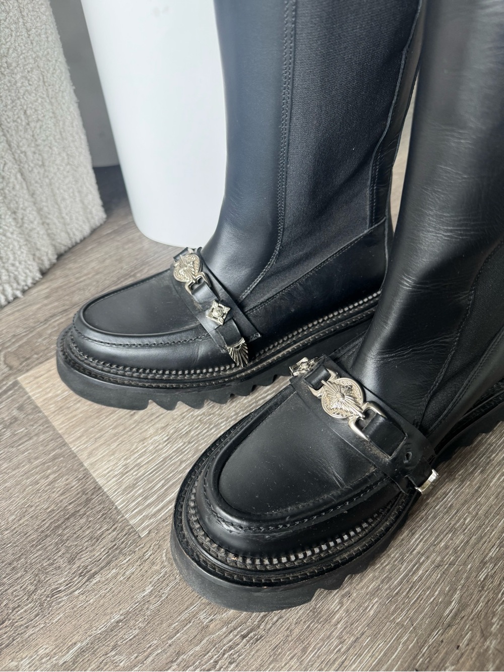 TOGA Pulla Black Leather Knee-High Boots with Silver Hardware